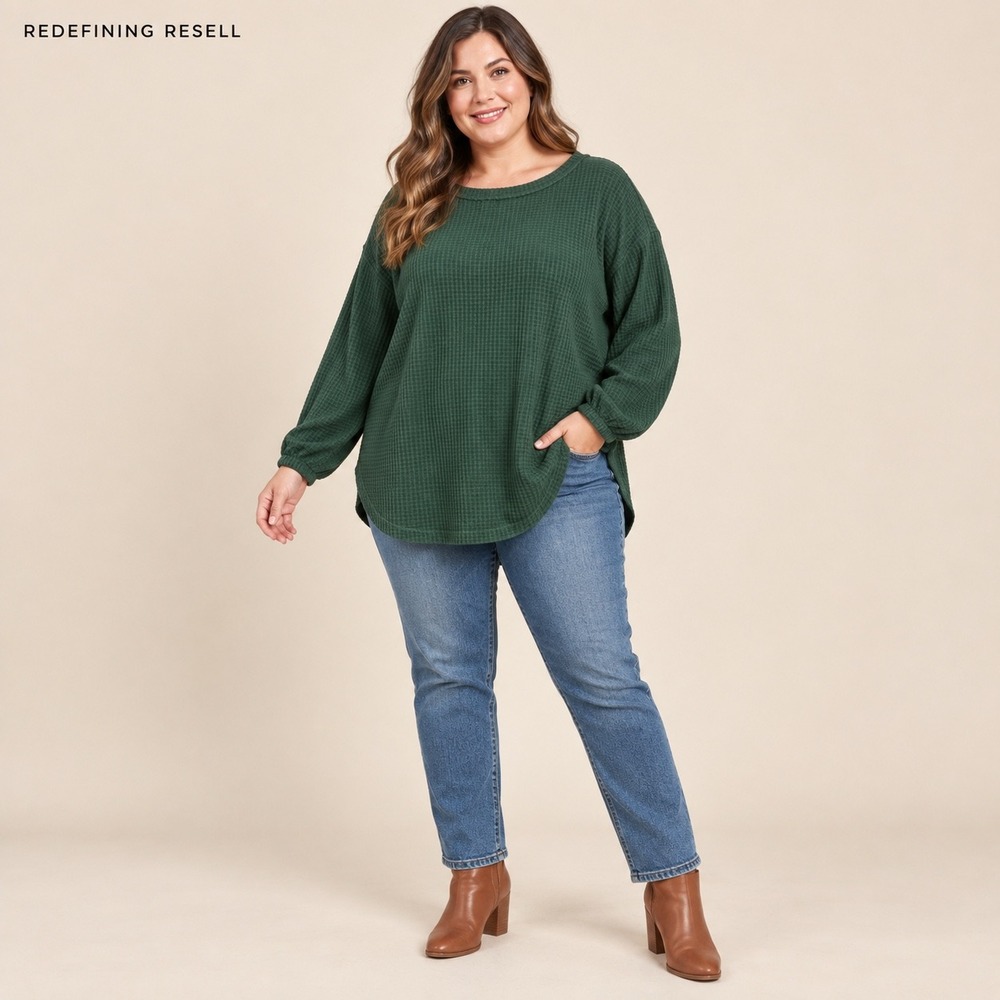 Hannah Closet Dark Green Waffle Knit Tunic Top Long Sleeve Balloon Cuff Large